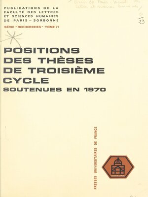 cover image of Positions des thèses de troisième cycle soutenues devant la Faculté en 1970